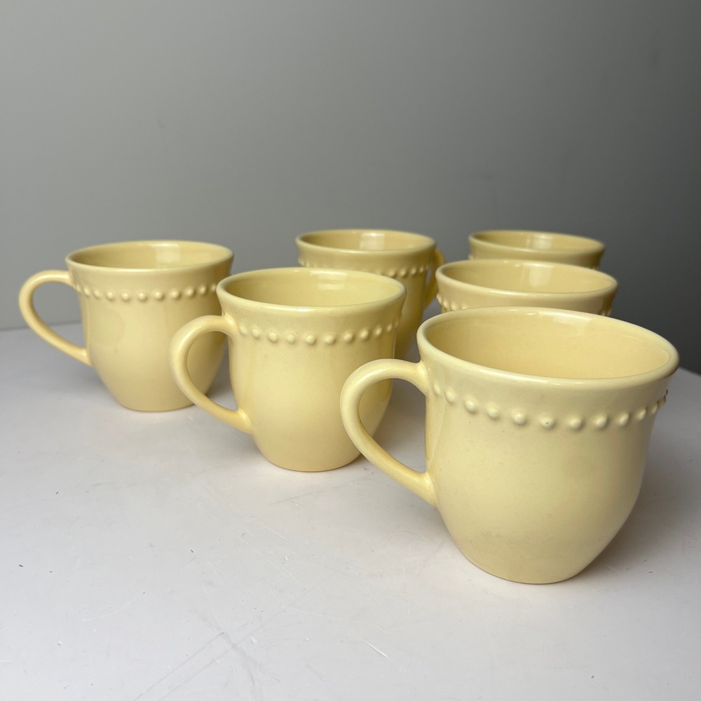 Pottery Barn Emma Mugs Set of 6 Yellow Beaded Stoneware Farmhouse Coffee Cups